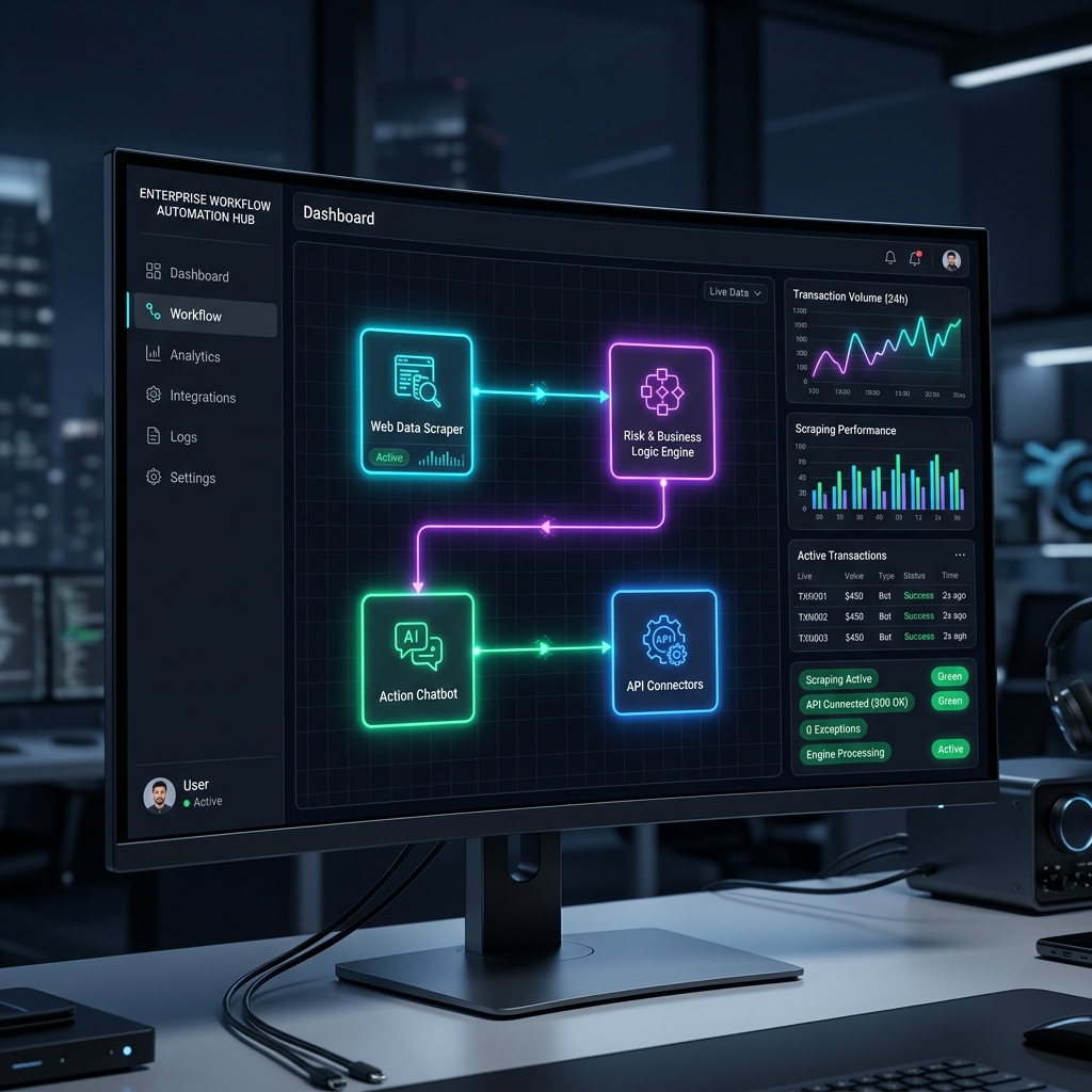 Robonizer custom software architecture dashboard showing connected scrapers, risk engines, and API integrations