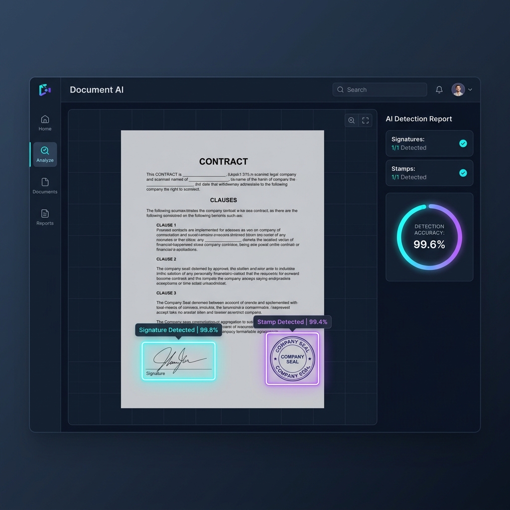 Robonizer Document AI engine detecting stamps and signatures with confidence metrics